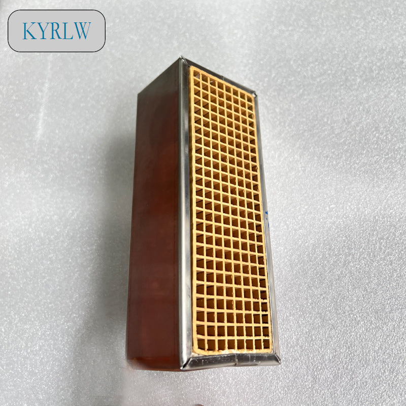 Rectangular honeycomb ceramic carriers containing coating for fireplaces are suitable for treating waste gas ceramic honeycomb